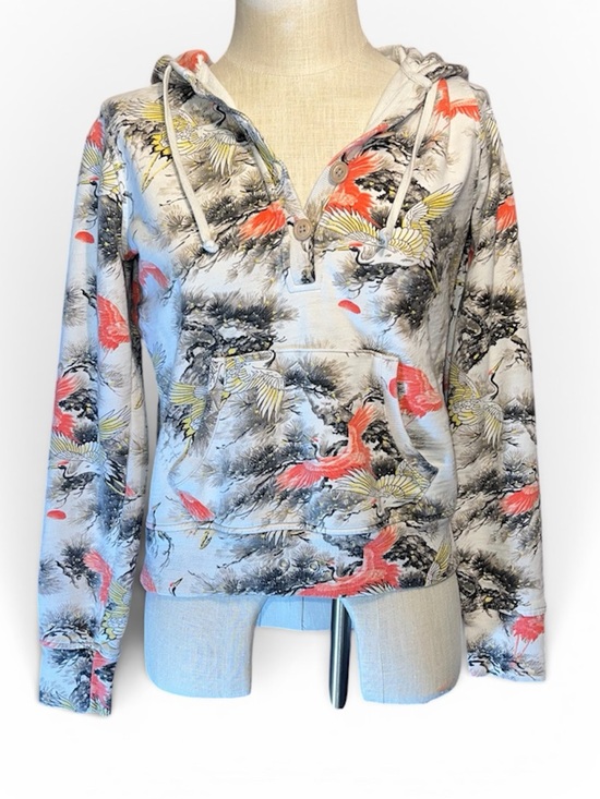 Lucky Brand Tops - 🩶Lucky Brand Y2K White Hooded Sweatshirt with Coral & Black Bird Print